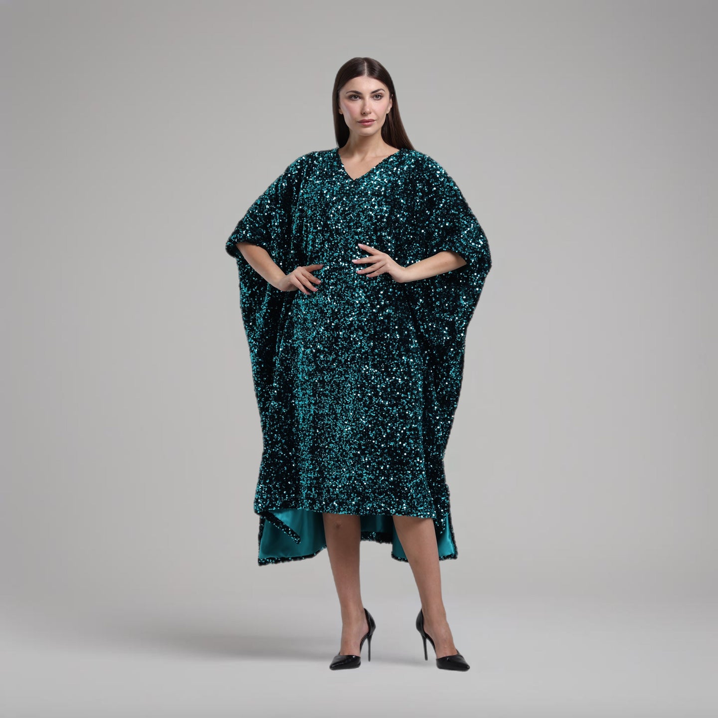 LA REINE - Turquoise Velvet Sequin Kaftan Dress