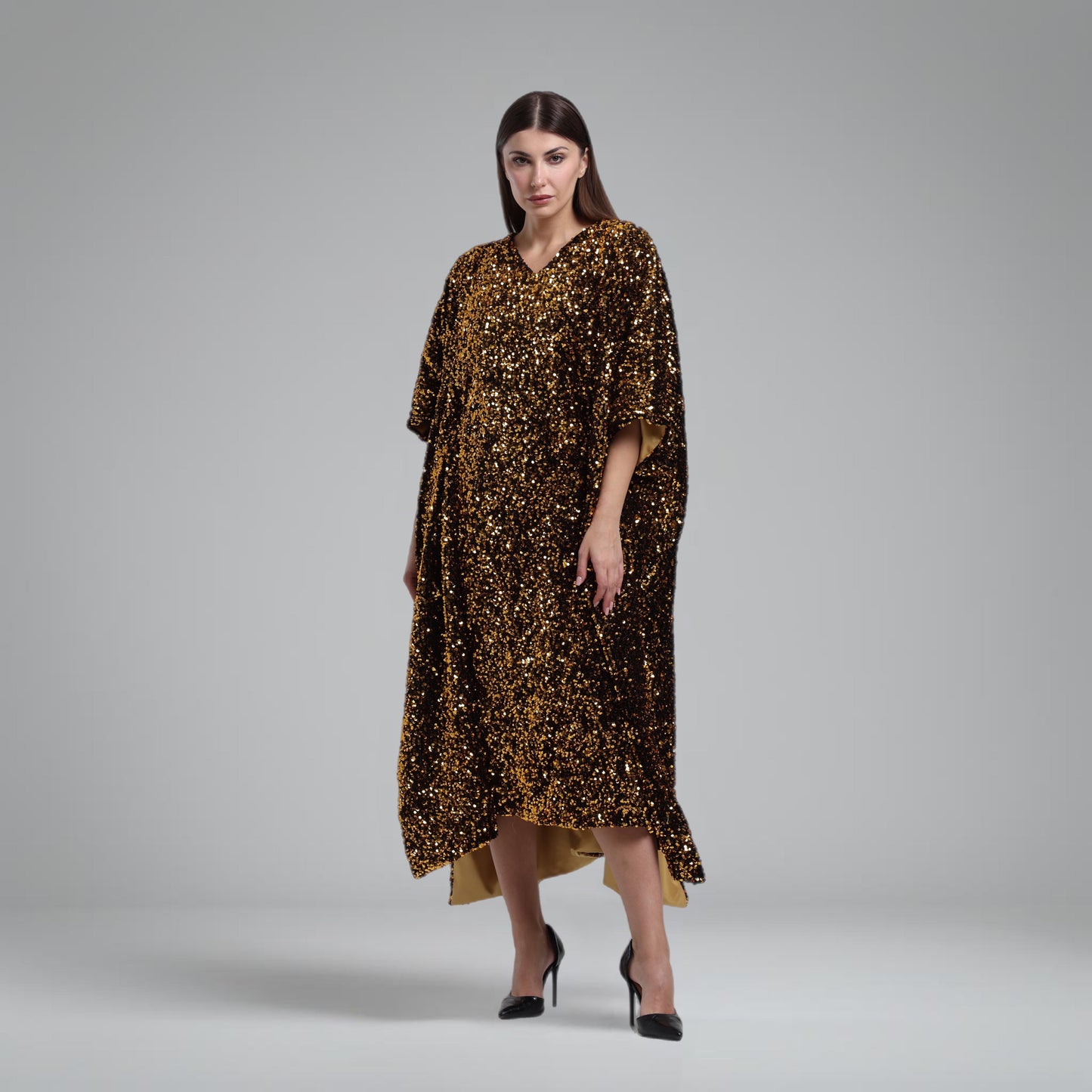 LA REINE - Bronze Velvet Sequin Kaftan Dress