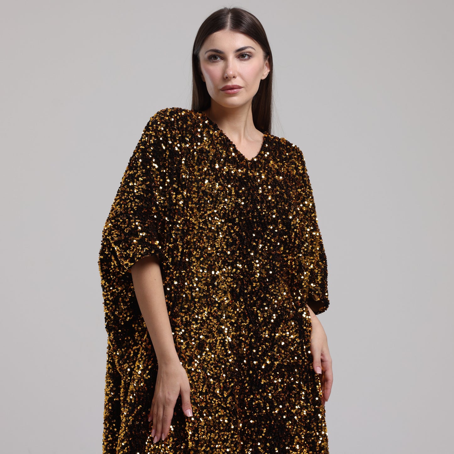 LA REINE - Bronze Velvet Sequin Kaftan Dress