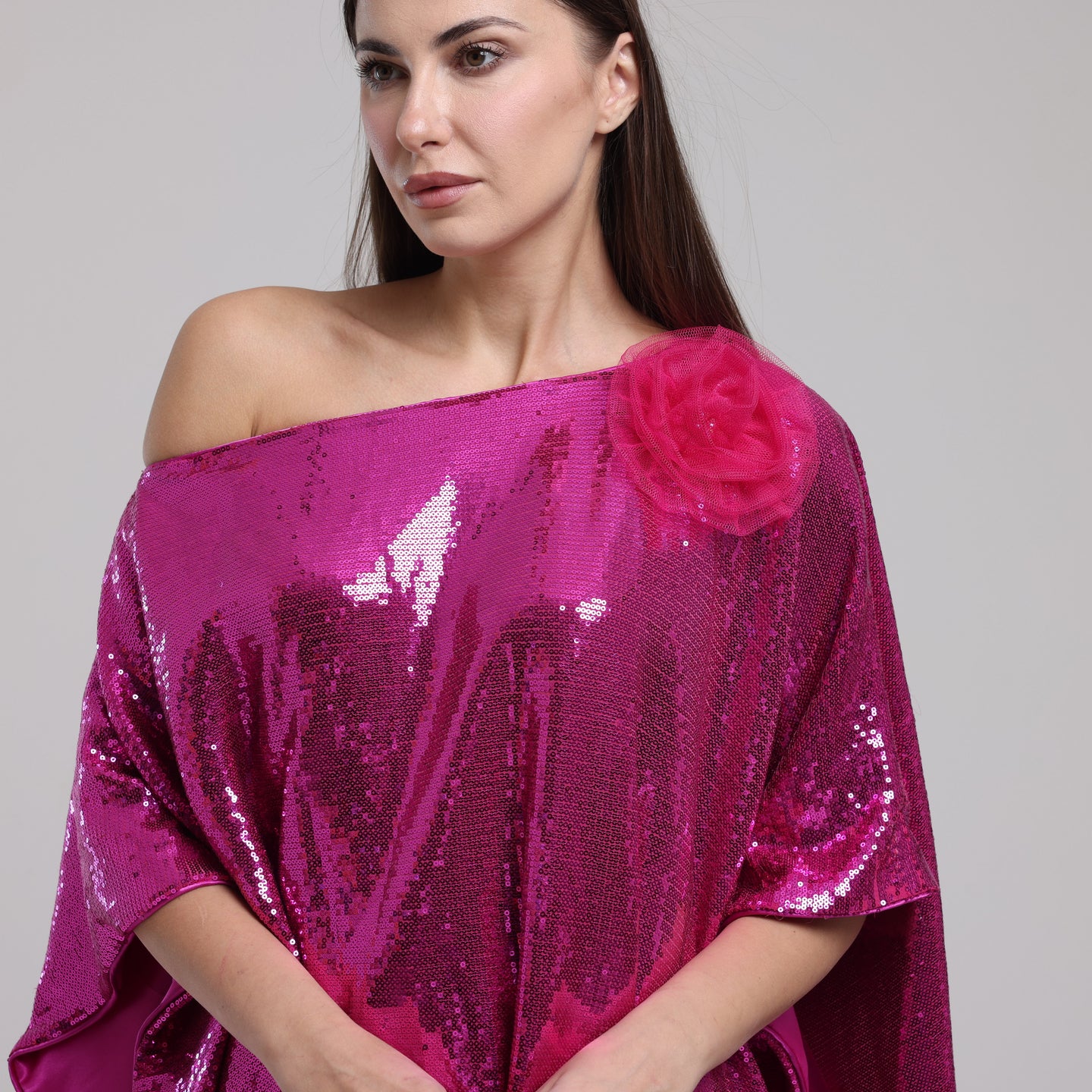 LA REINE - Fuchsia Sequin Batwing Top With Floral Appliqué