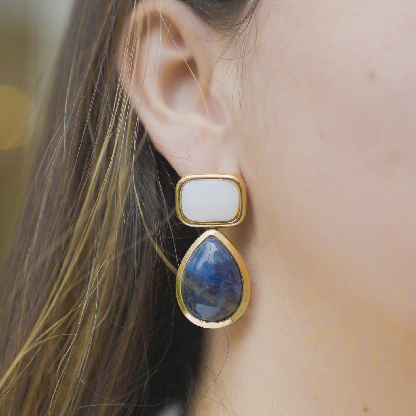 TREASURES OF BRAZIL - Handcrafted 18k Gold Plated with natural Mother of Pearl & Sodalite Stone