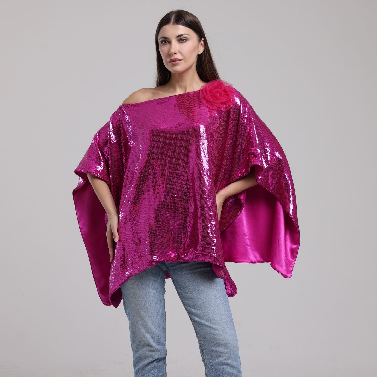 LA REINE - Fuchsia Sequin Batwing Top With Floral Appliqué