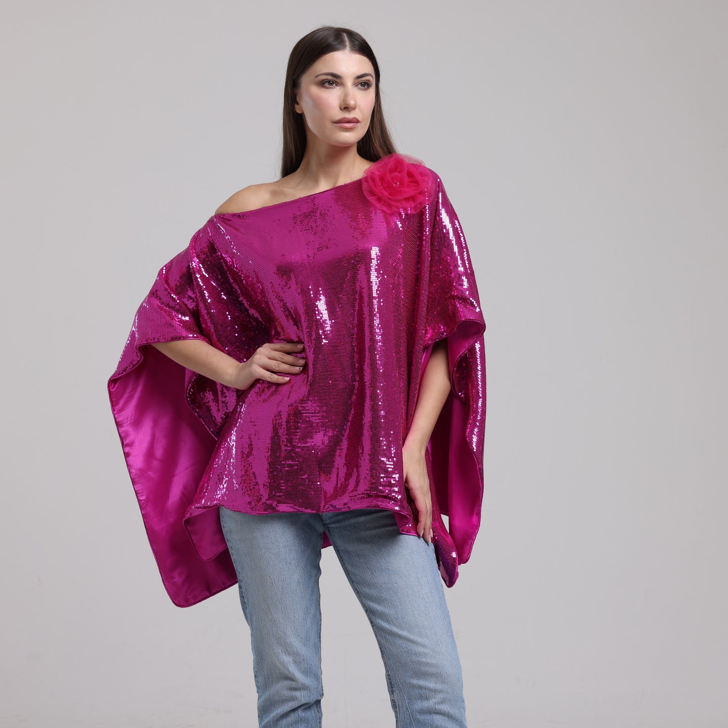 LA REINE - Fuchsia Sequin Batwing Top With Floral Appliqué