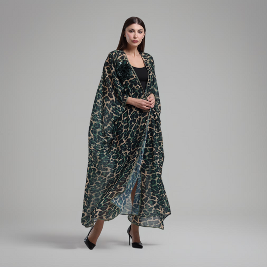 LA REINE - Silk chiffon green leopard abaya with floral appliqué