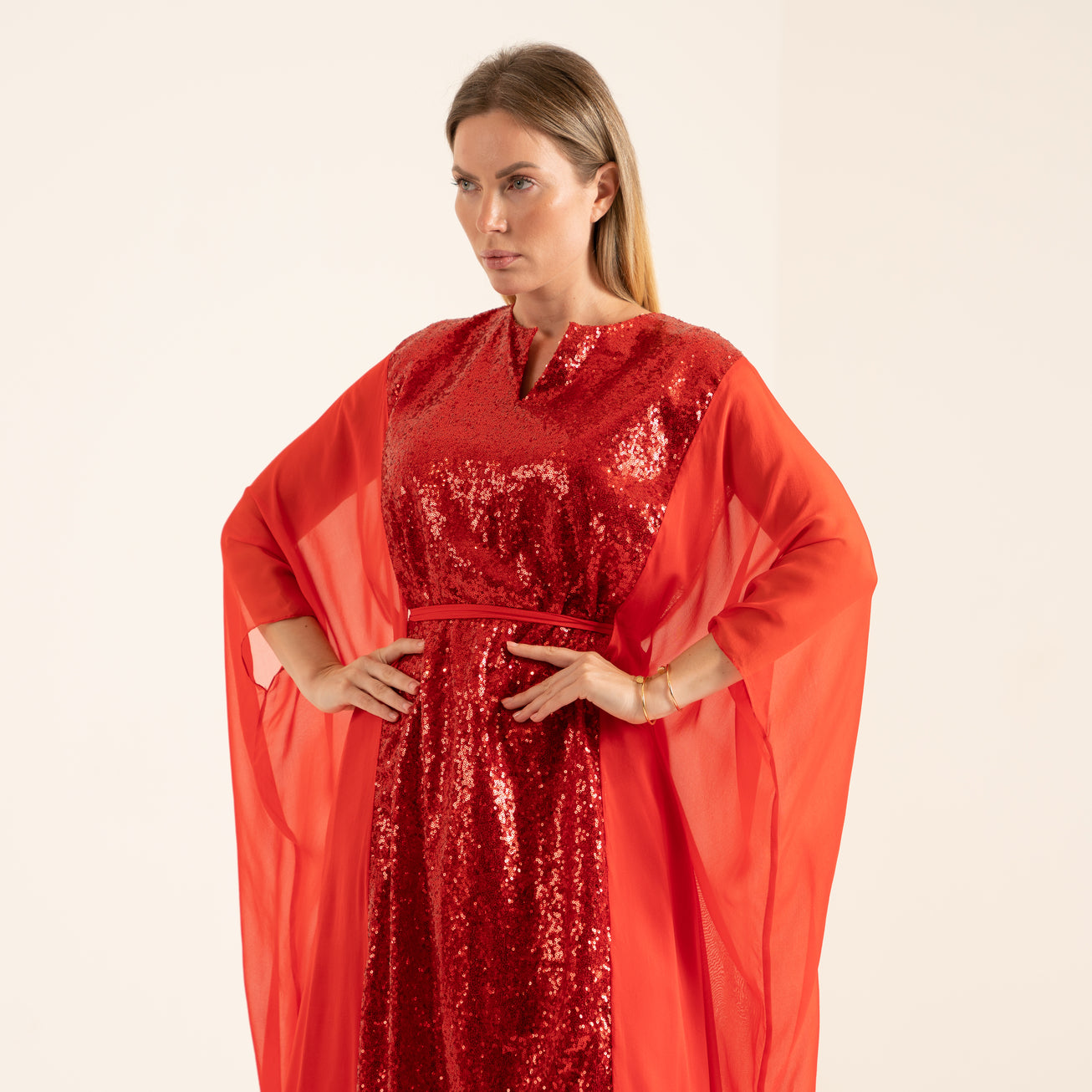 NOBLESSE - Silk chiffon and sequin belted kaftan