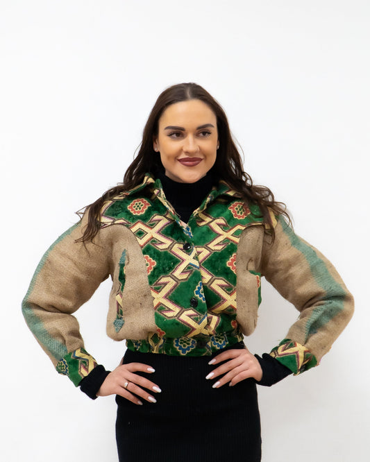 ANOURI - Green & Gold Crop Burlap Jacket