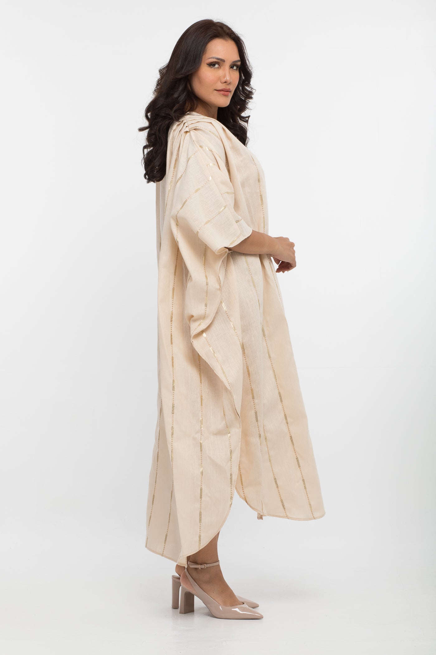 YARAKECH - Beige linen and sequin kaftan and turban set