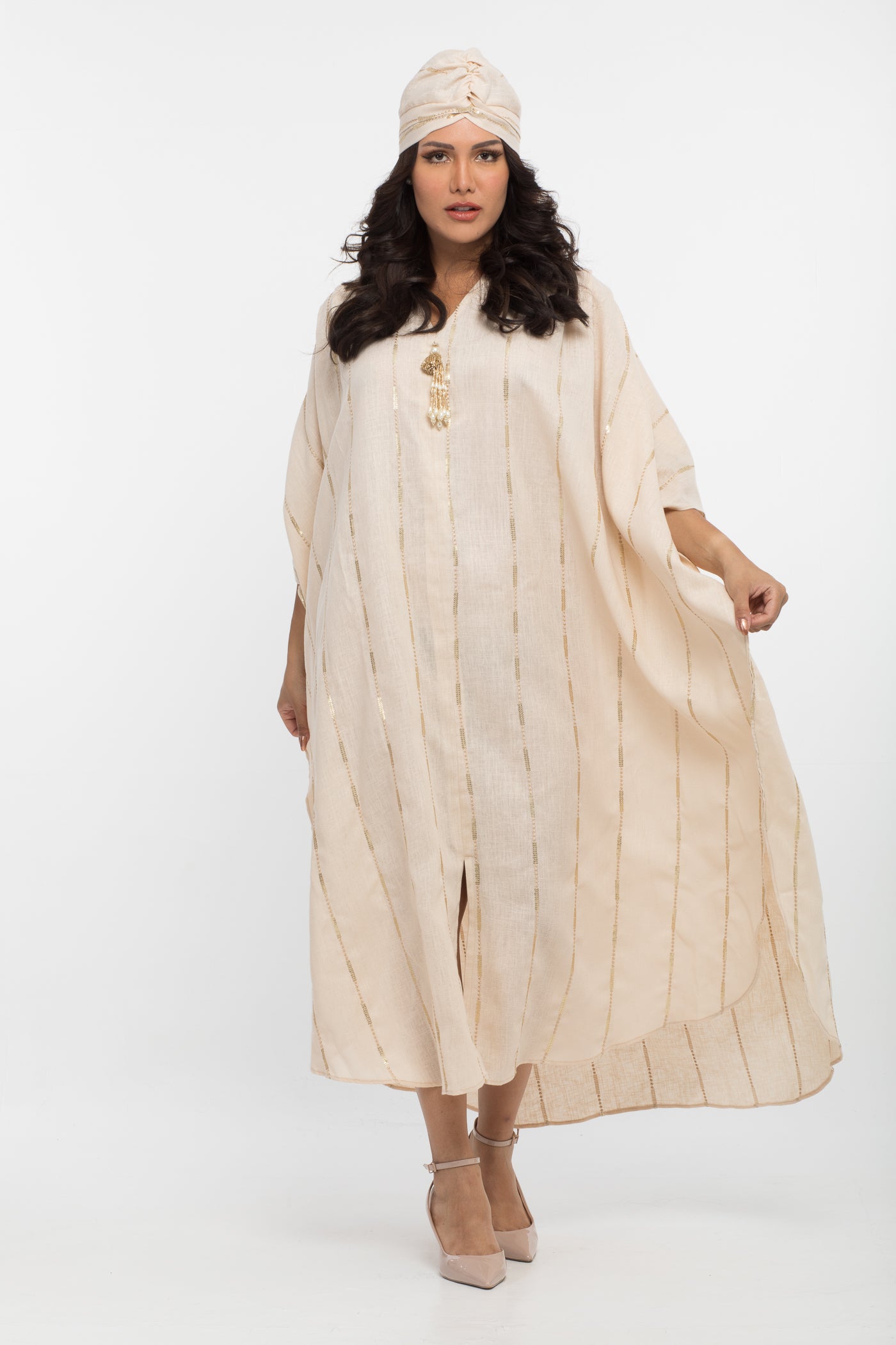 YARAKECH - Beige linen and sequin kaftan and turban set