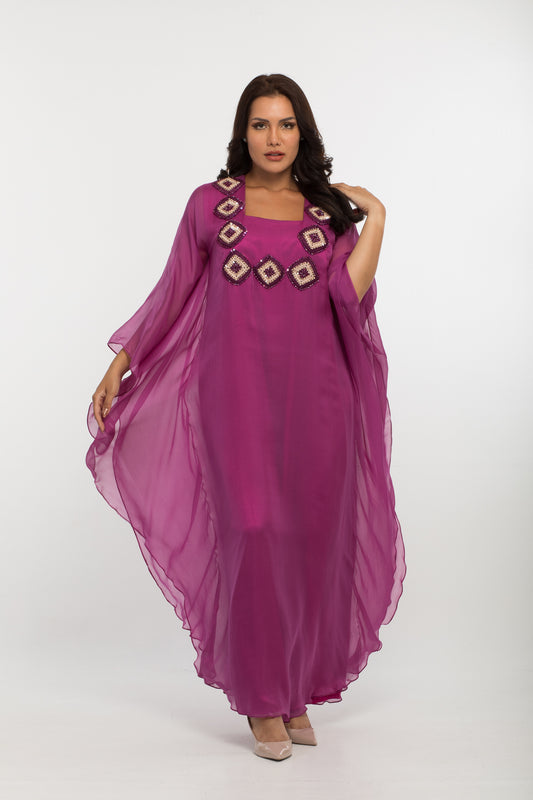 NOBLESSE - Purple chiffon batwing crochet kaftan