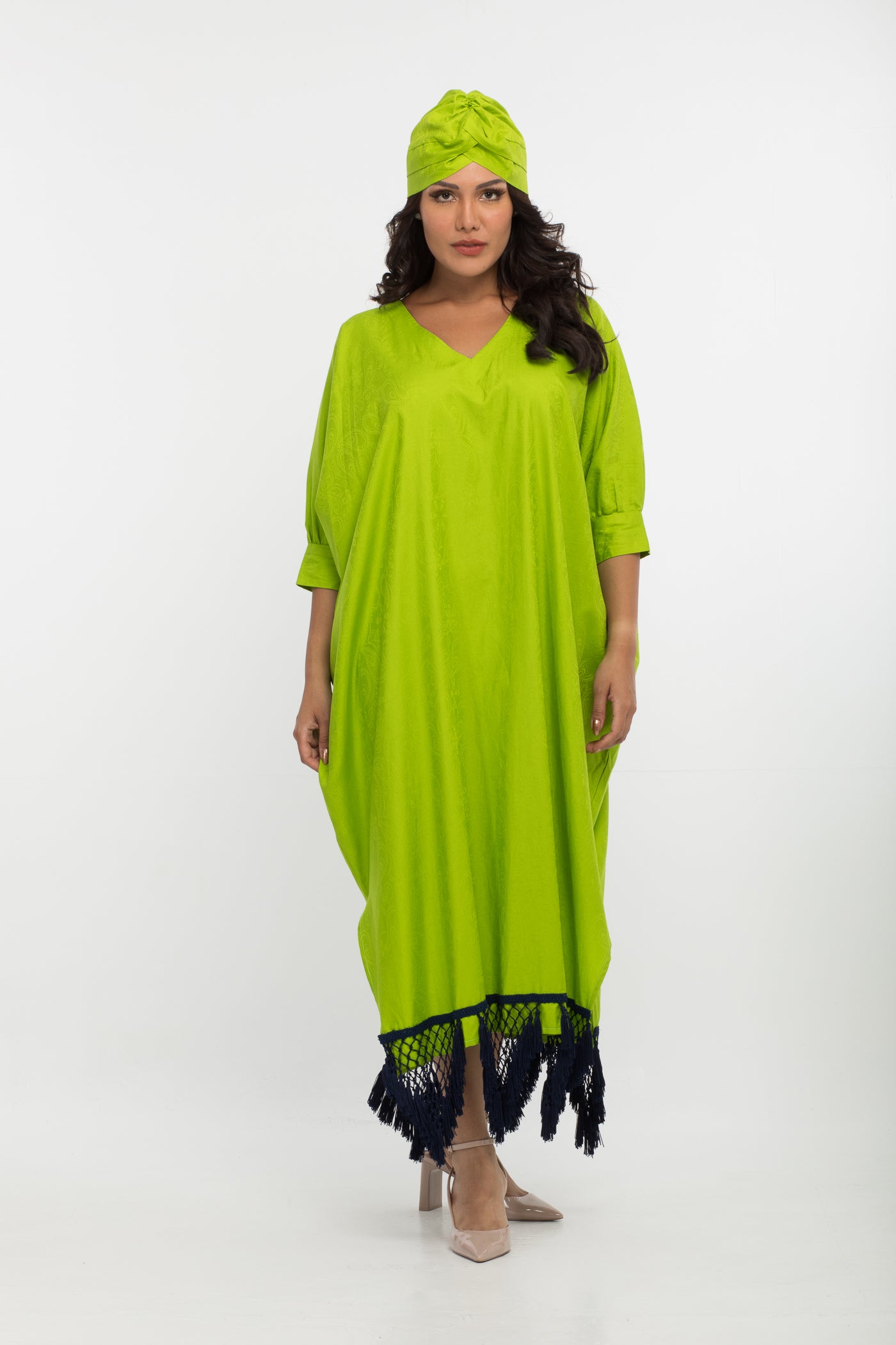 YARAKECH - Lime green cotton kaftan and turban set