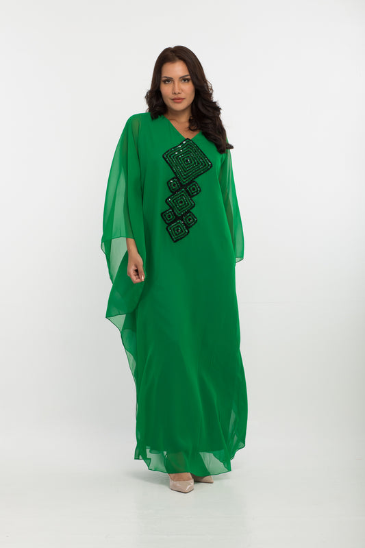 NOBLESSE - Green chiffon batwing crochet kaftan