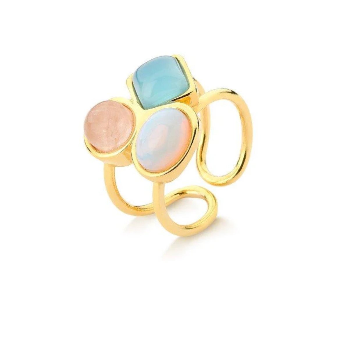 TREASURES OF BRAZIL - Moonstone & Blue Sky & Green Quartz Adjustable Ring