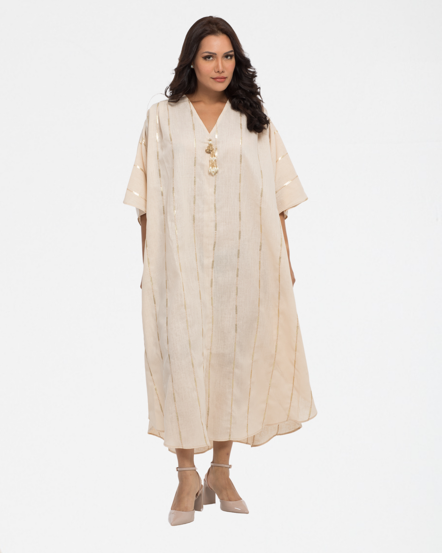 YARAKECH - Beige linen and sequin kaftan and turban set