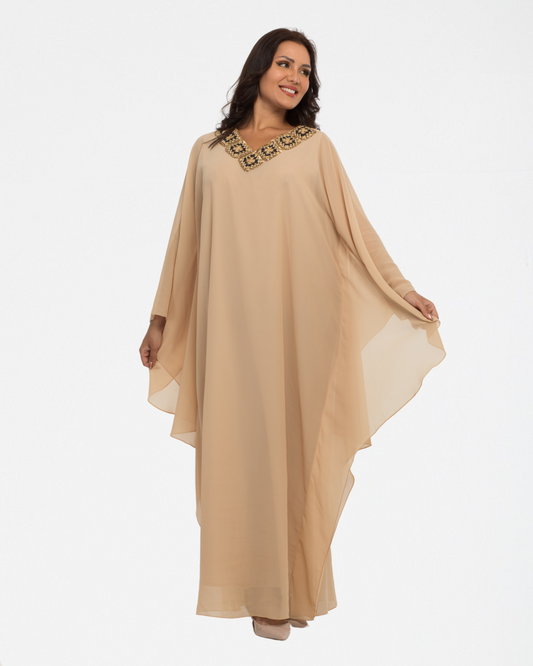 NOBLESSE - Beige chiffon batwing crochet kaftan