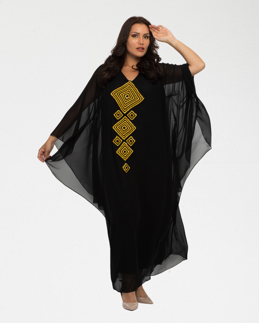 NOBLESSE - Black chiffon batwing crochet kaftan