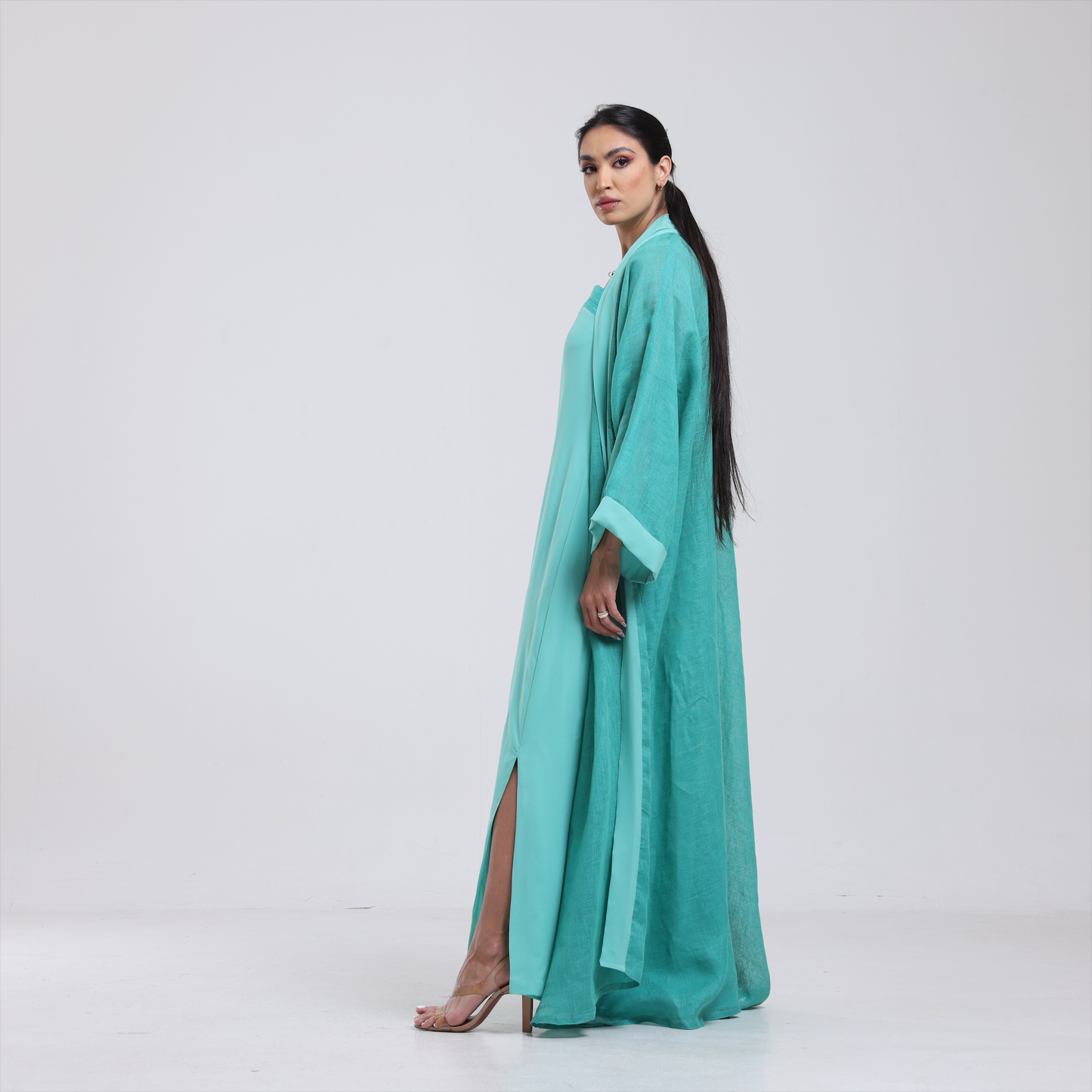 DALSH DESIGNS - Turquoise Linen & Cotton Embroidered Dress Set