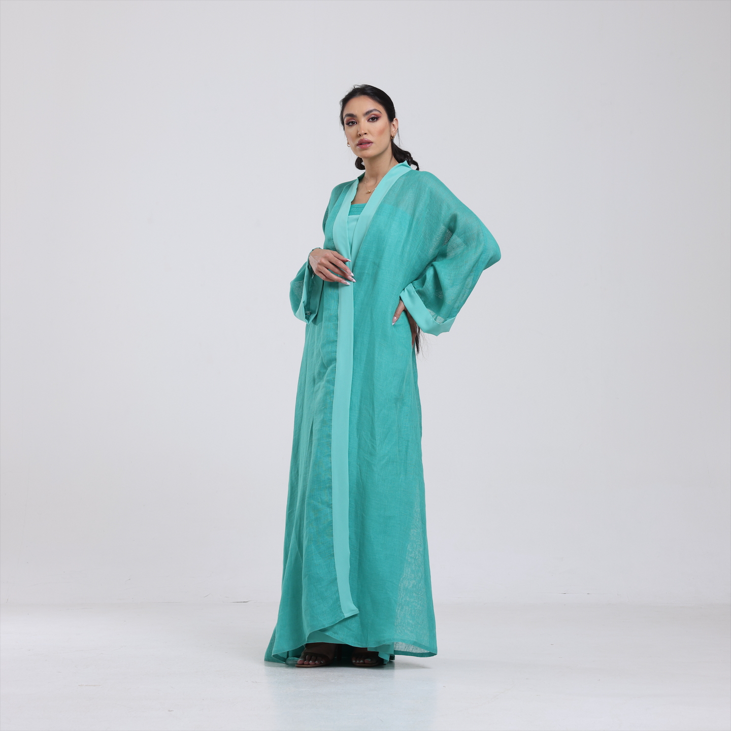 DALSH DESIGNS - Turquoise Linen & Cotton Embroidered Dress Set