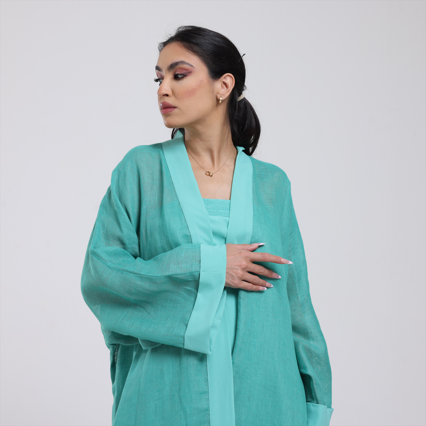 DALSH DESIGNS - Turquoise Linen & Cotton Embroidered Dress Set