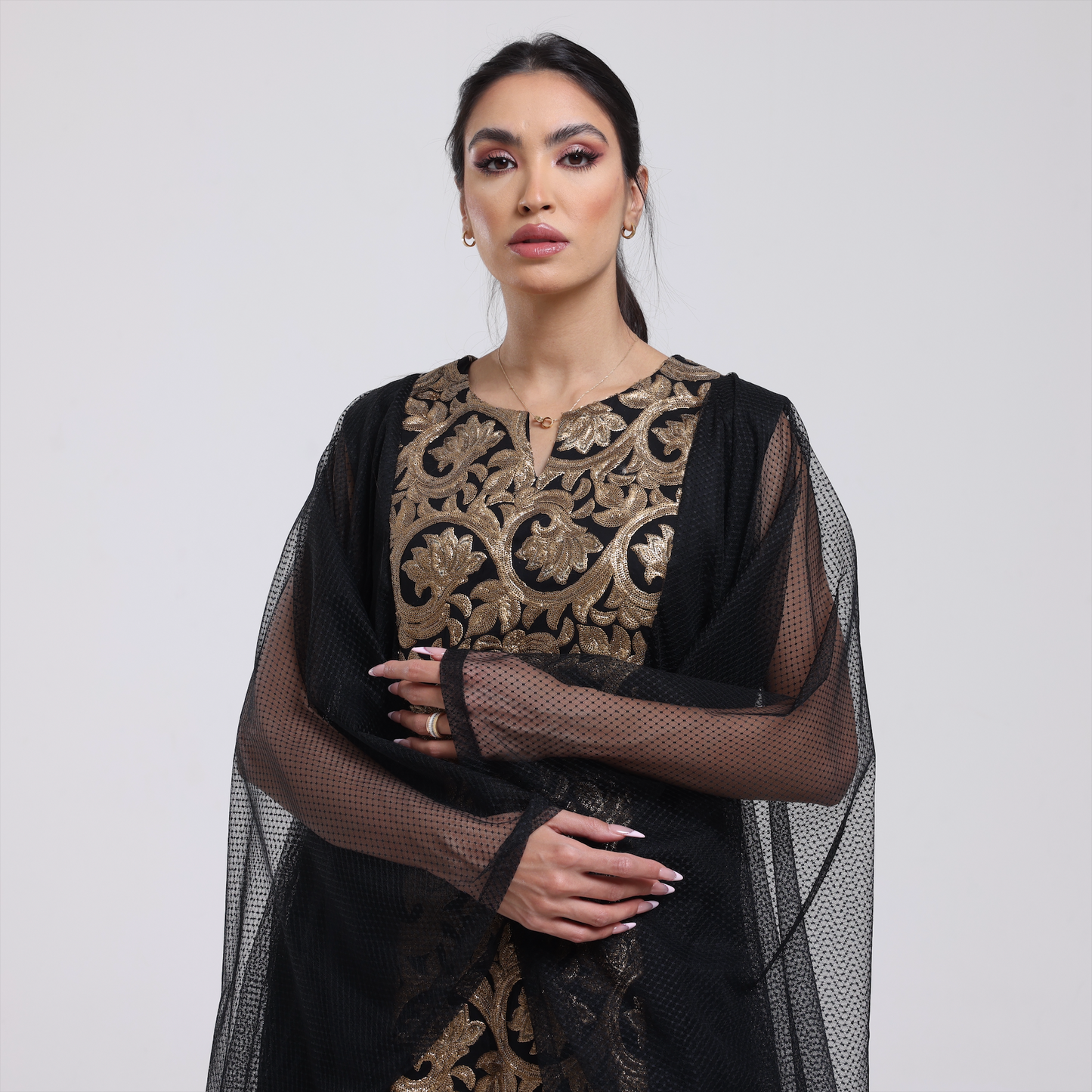 DALSH DESIGNS -  Black Dress with Embroidered Details and Tulle Sleeves