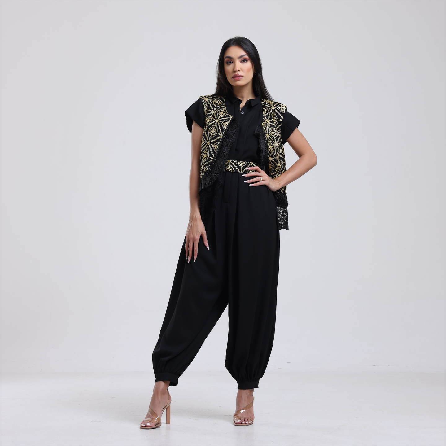 DALSH DESIGNS - 2-Piece Black Jumpsuit with Embroidered Waistcoat and Belt