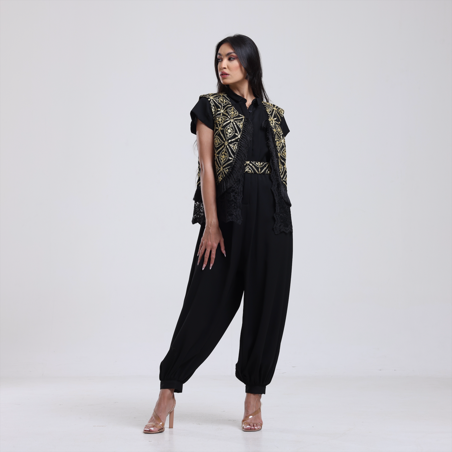 DALSH DESIGNS - 2-Piece Black Jumpsuit with Embroidered Waistcoat and Belt