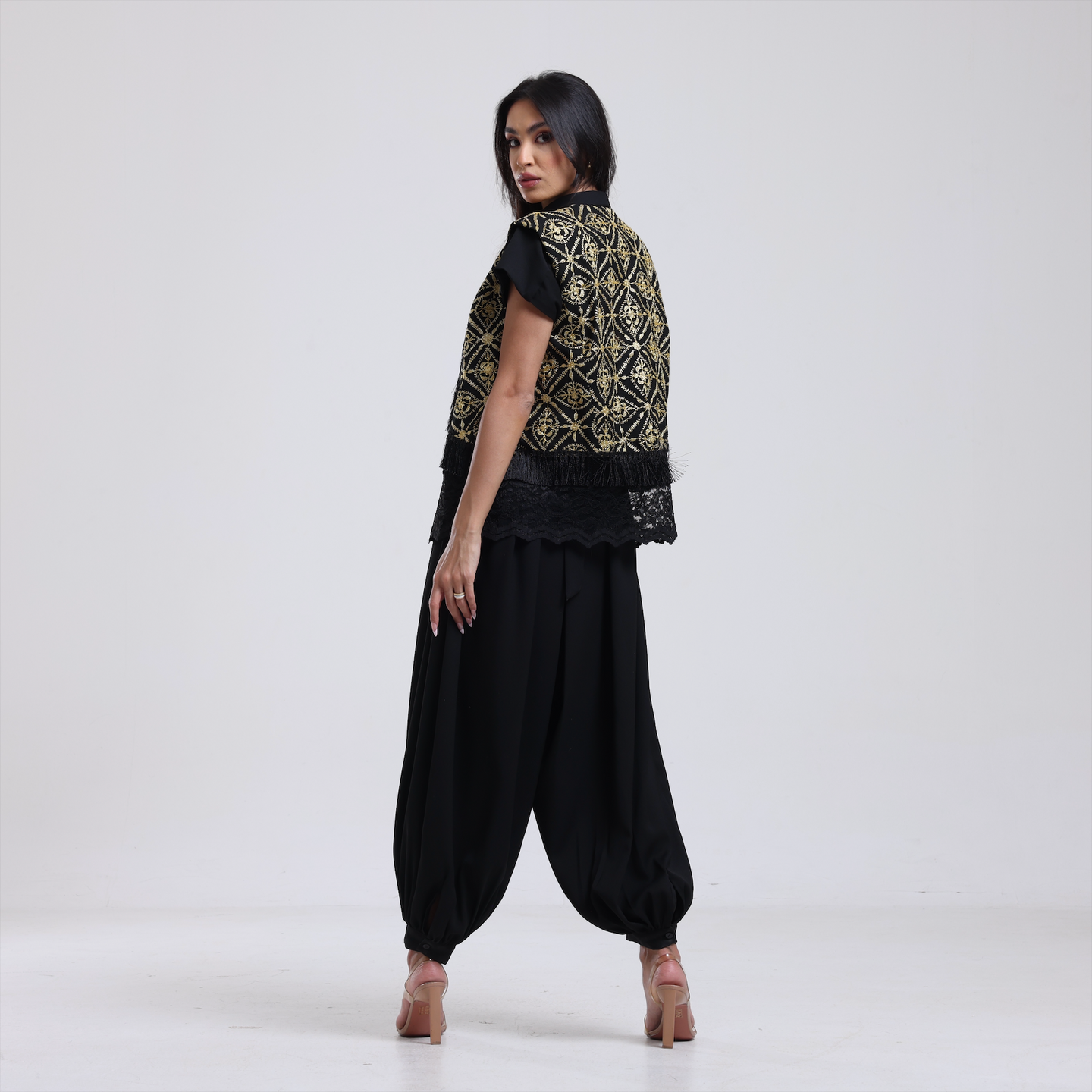 DALSH DESIGNS - 2-Piece Black Jumpsuit with Embroidered Waistcoat and Belt