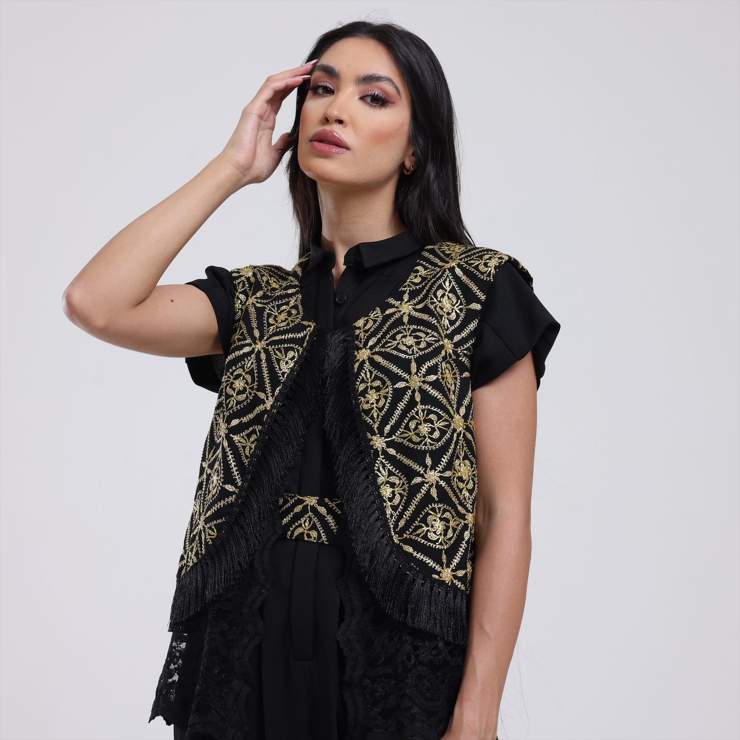 DALSH DESIGNS - 2-Piece Black Jumpsuit with Embroidered Waistcoat and Belt