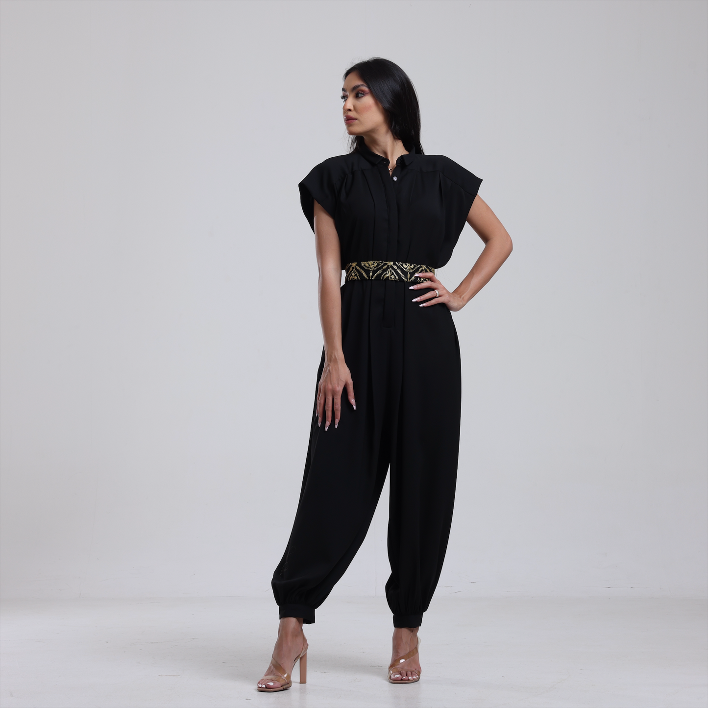 DALSH DESIGNS - 2-Piece Black Jumpsuit with Embroidered Waistcoat and Belt