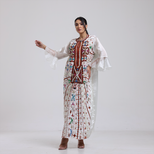 DALSH DESIGNS - Traditional Off-White Dress with Siwa Embroidery in Organza