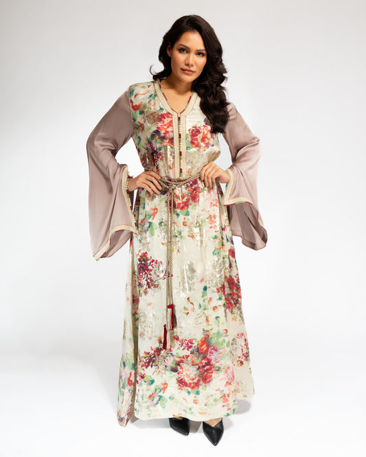 YARAKECH - Moroccan beige floral kaftan