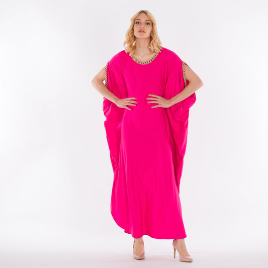 LA REINE - Fuchsia kaftan with trim and embroidered sleeve