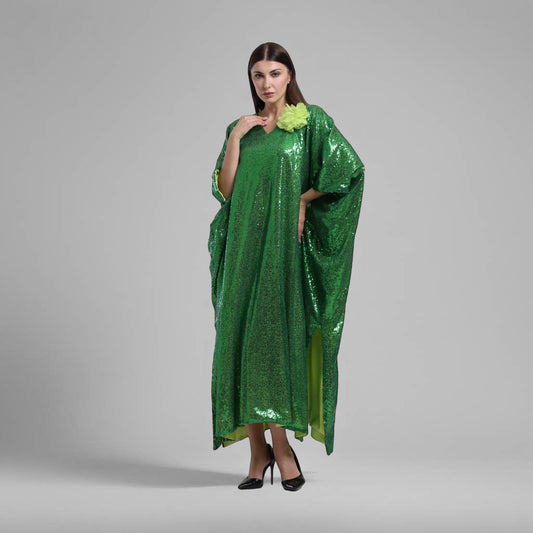 LA REINE - Green Sequin Kaftan With Floral Appliqué