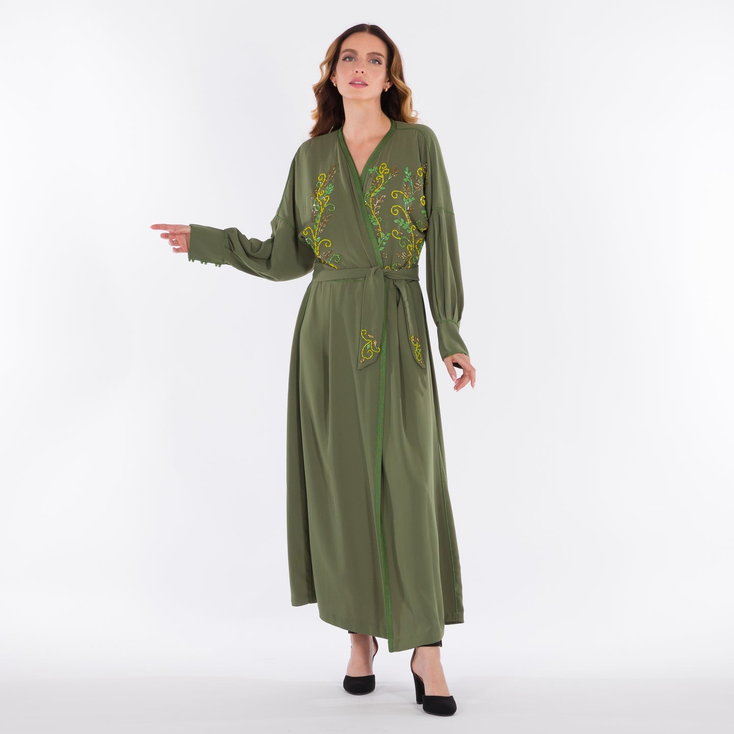 Yarakech - Olive green crepè wrap kaftan