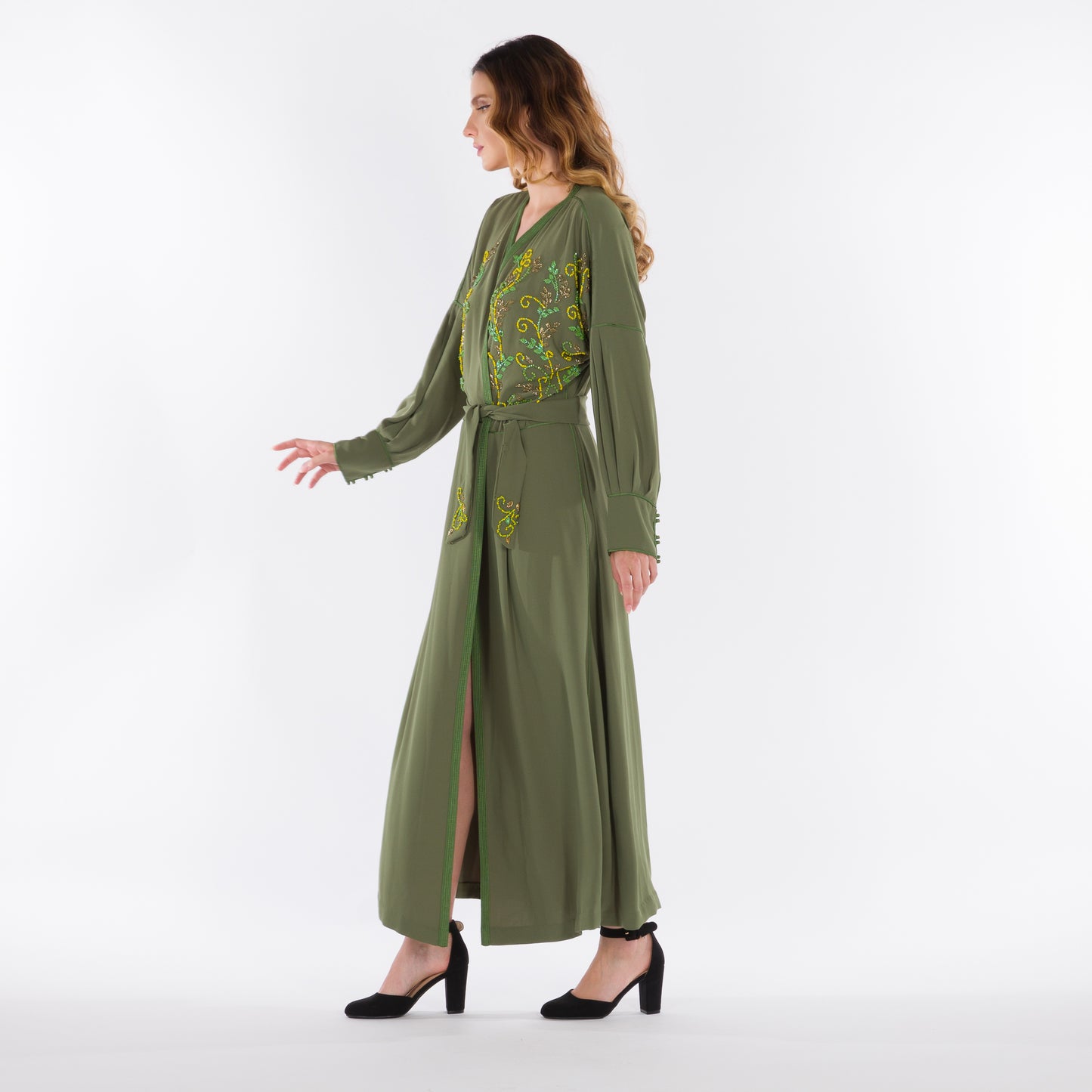 Yarakech - Olive green crepè wrap kaftan