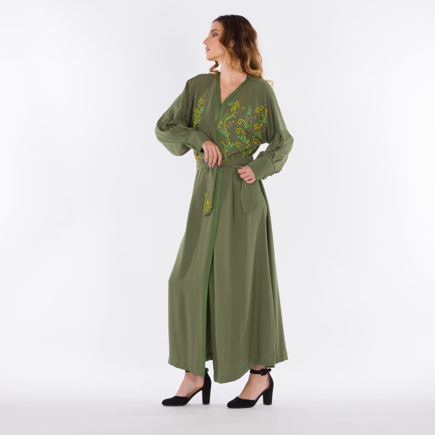 Yarakech - Olive green crepè wrap kaftan