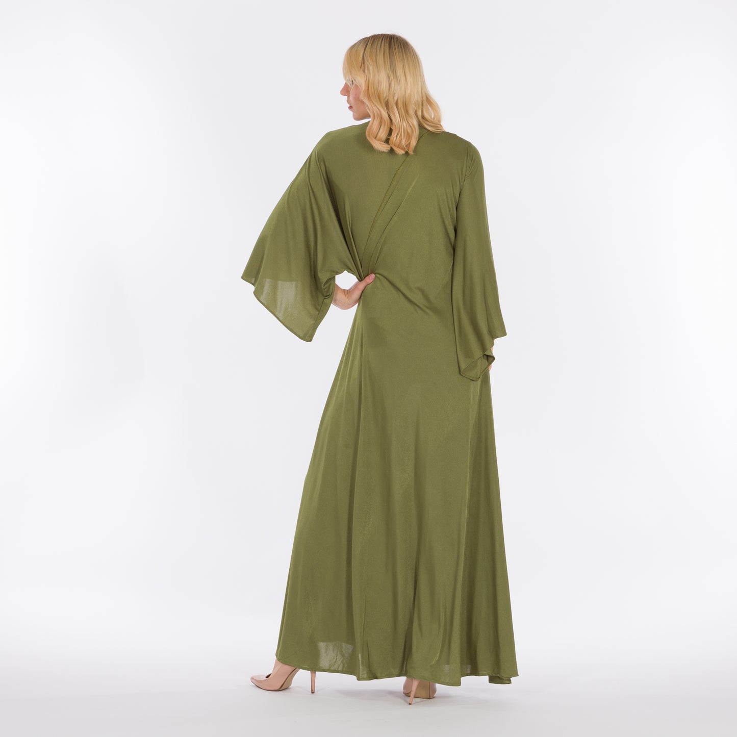 LA REINE - Olive green gathered drape dress.