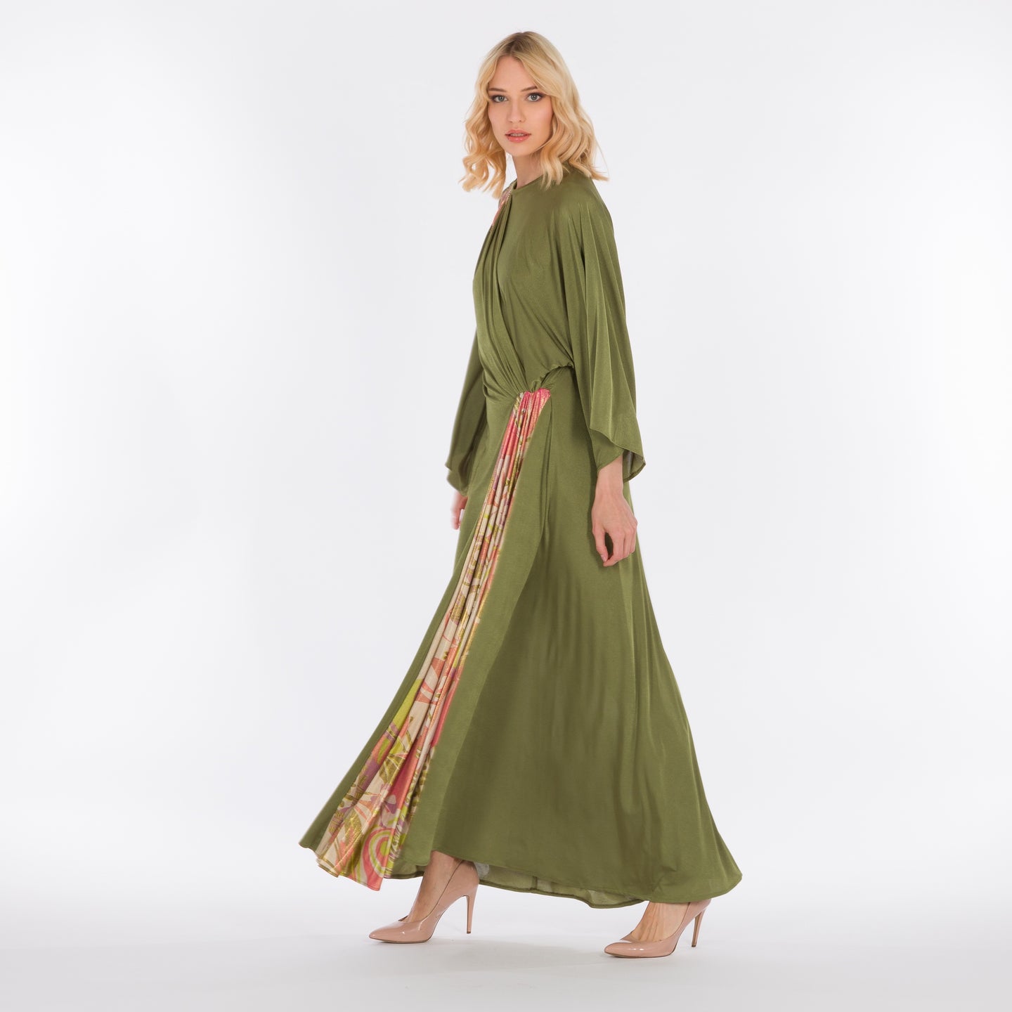 LA REINE - Olive green gathered drape dress.