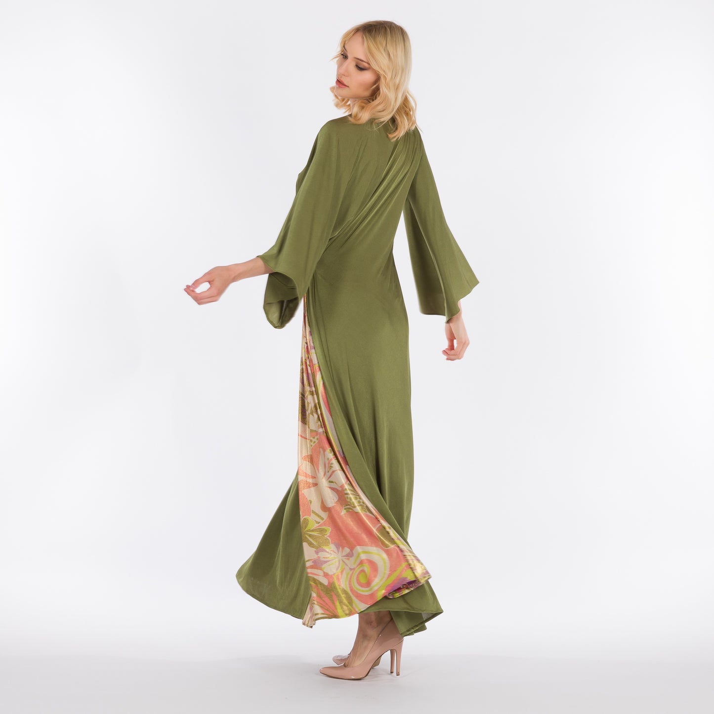 LA REINE - Olive green gathered drape dress.