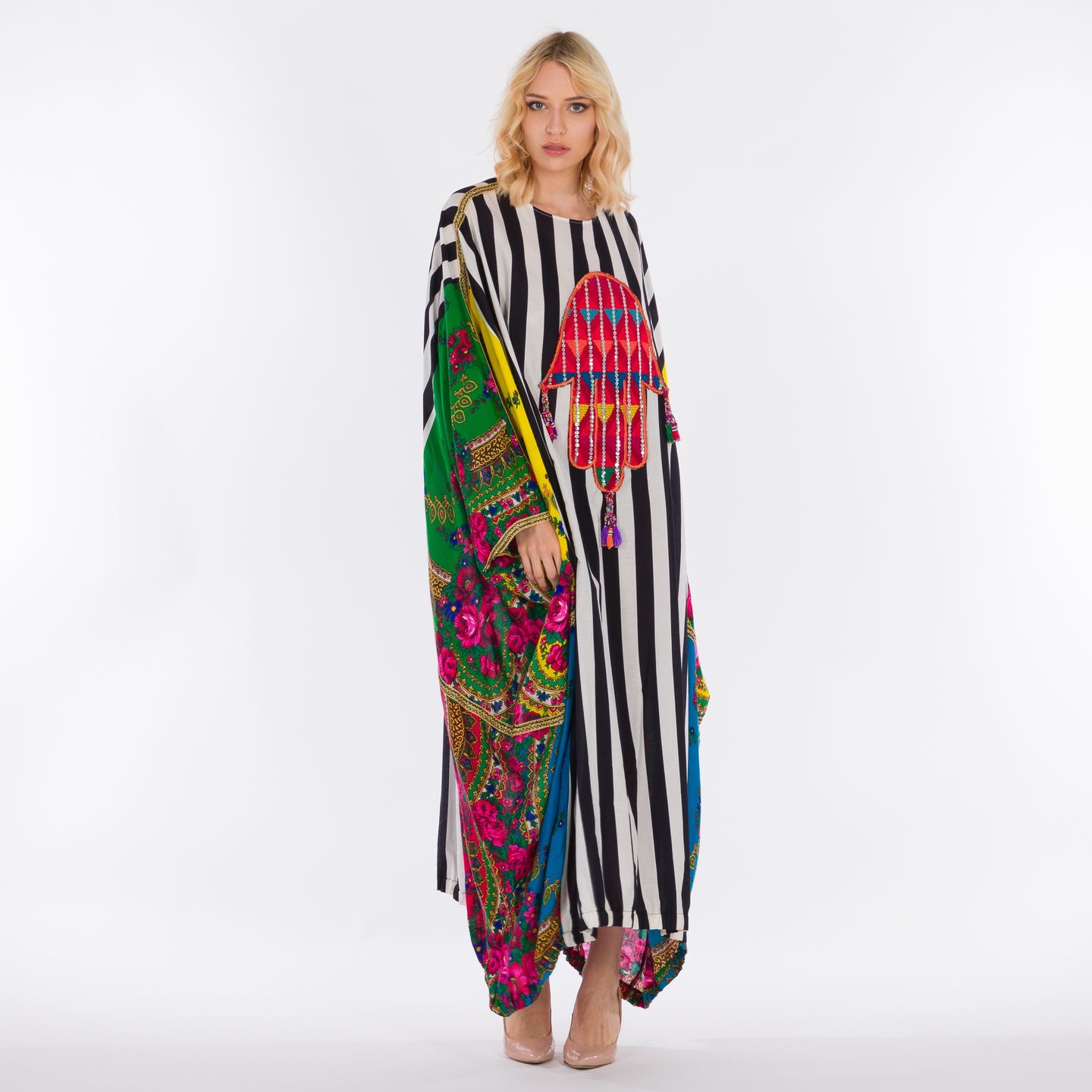 LA REINE - Black and white striped batwing kaftan