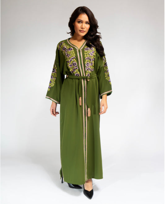 YARAKECH - Olive green embroided kaftan